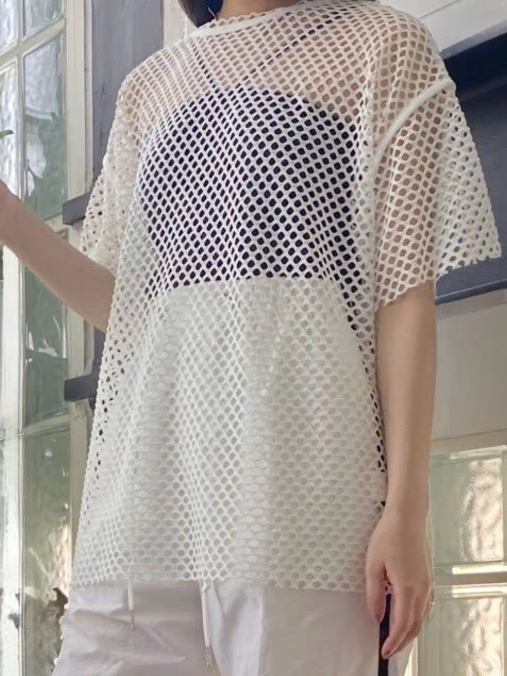 Olive des Olive White Fishnet Sheer Mesh Tee Minimalist Japanese Designer Knit M
